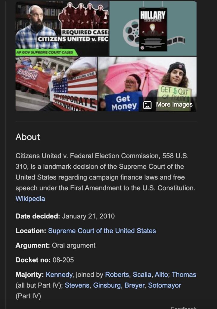 screenshot of knowledge panel that results for query "citizens united v. FEC"